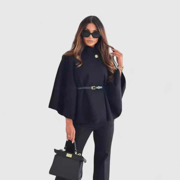Stand Collar Belted Cape Sleeve Poncho Jacket