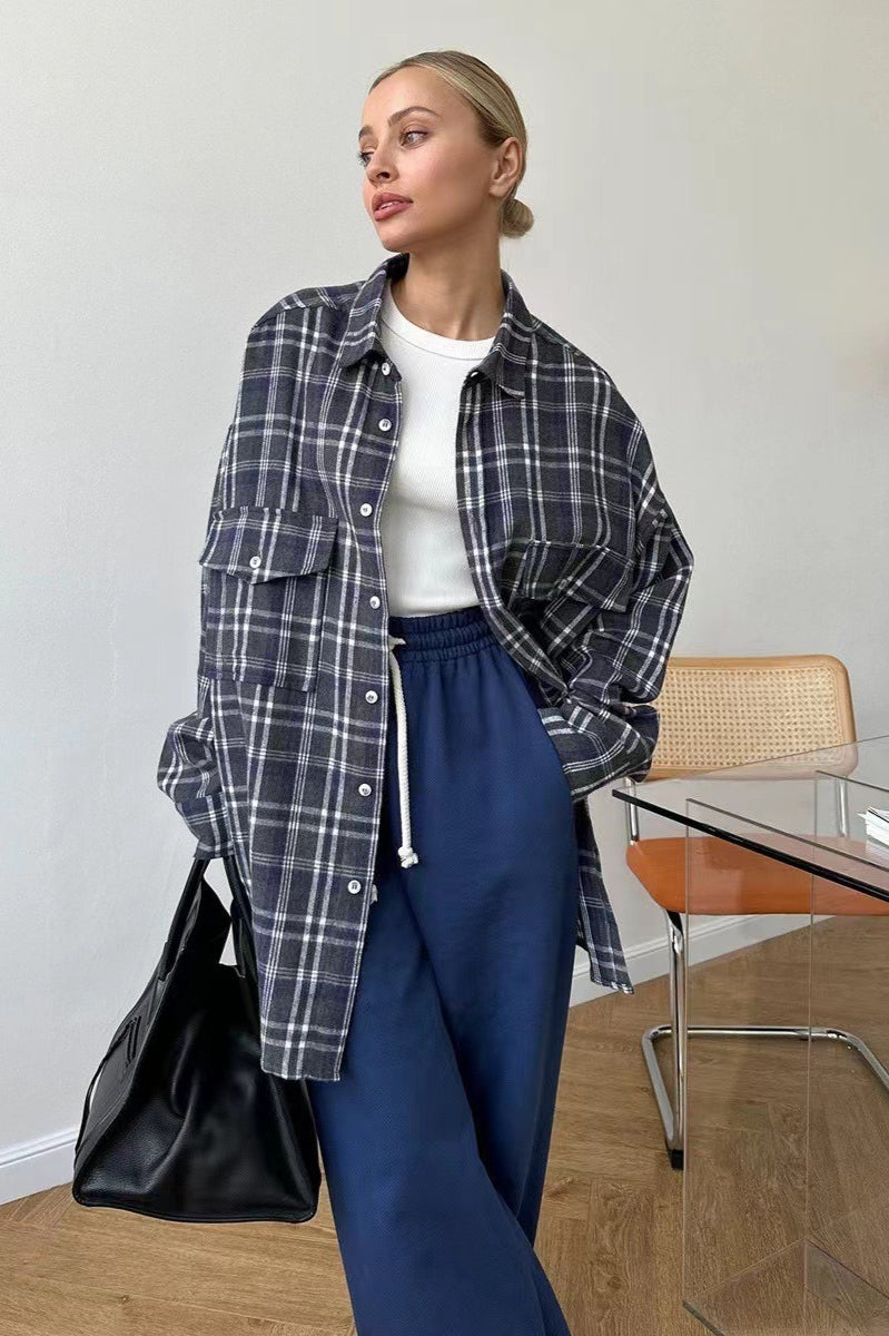 Vintage American Plaid Double-Pocket Mid-Length Blouse