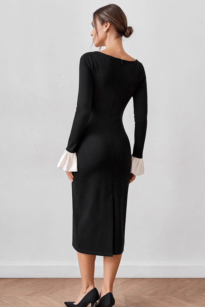 U-Neck Lace Panel Midi Dress
