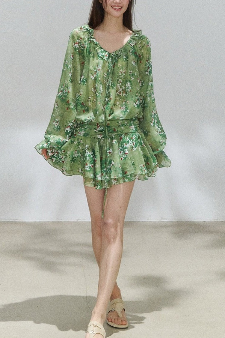 Romantic Ruffle Off Shoulder Waist Short Floral Dress