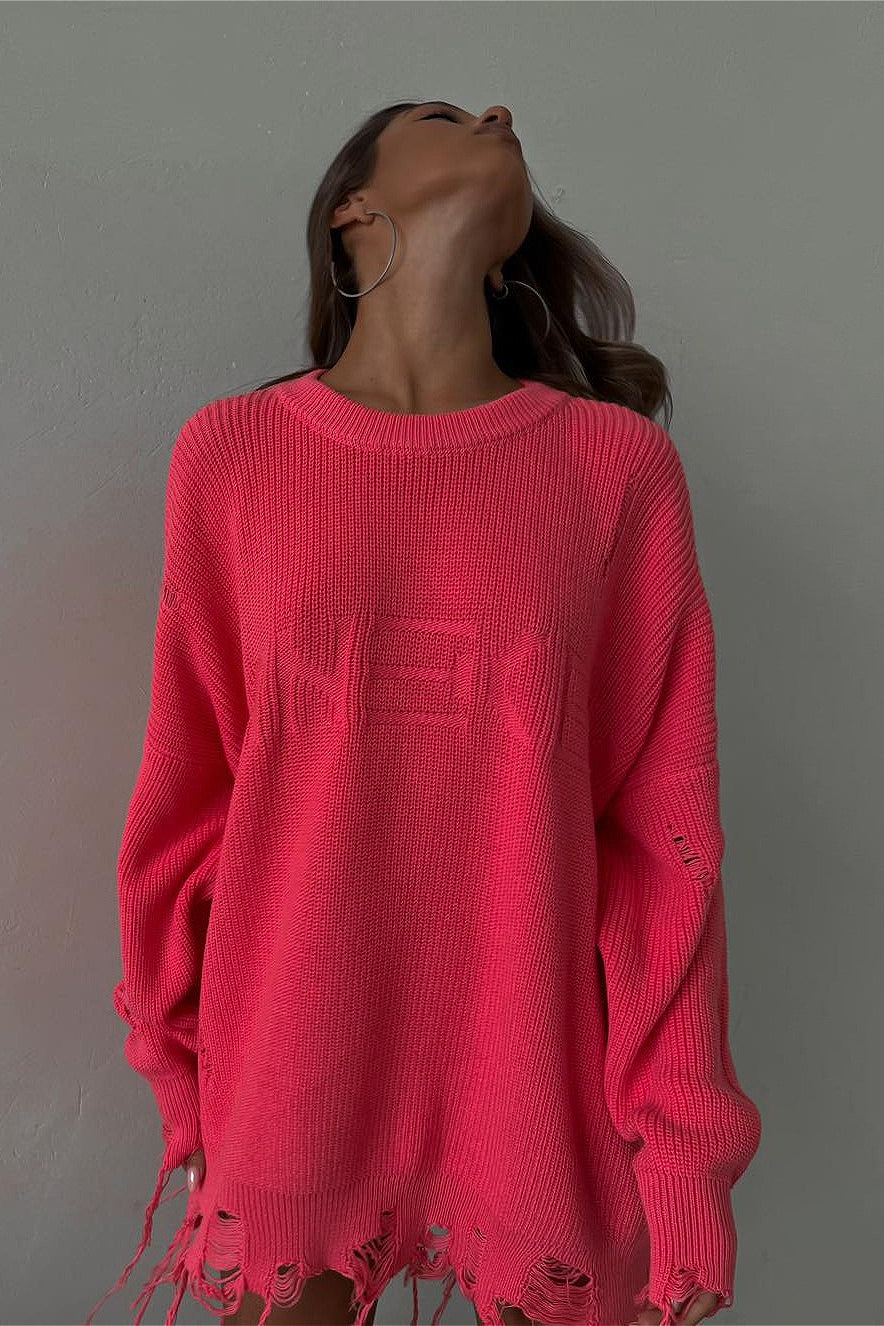 Edgy Ripped Grunge Crew Neck Casual Knit Sweater