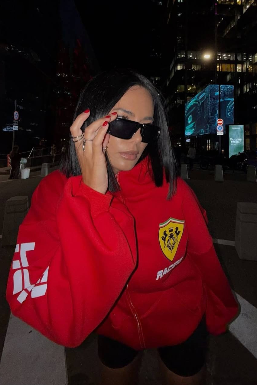 Oversized Zip-Up Logo Letter Print Hoodie