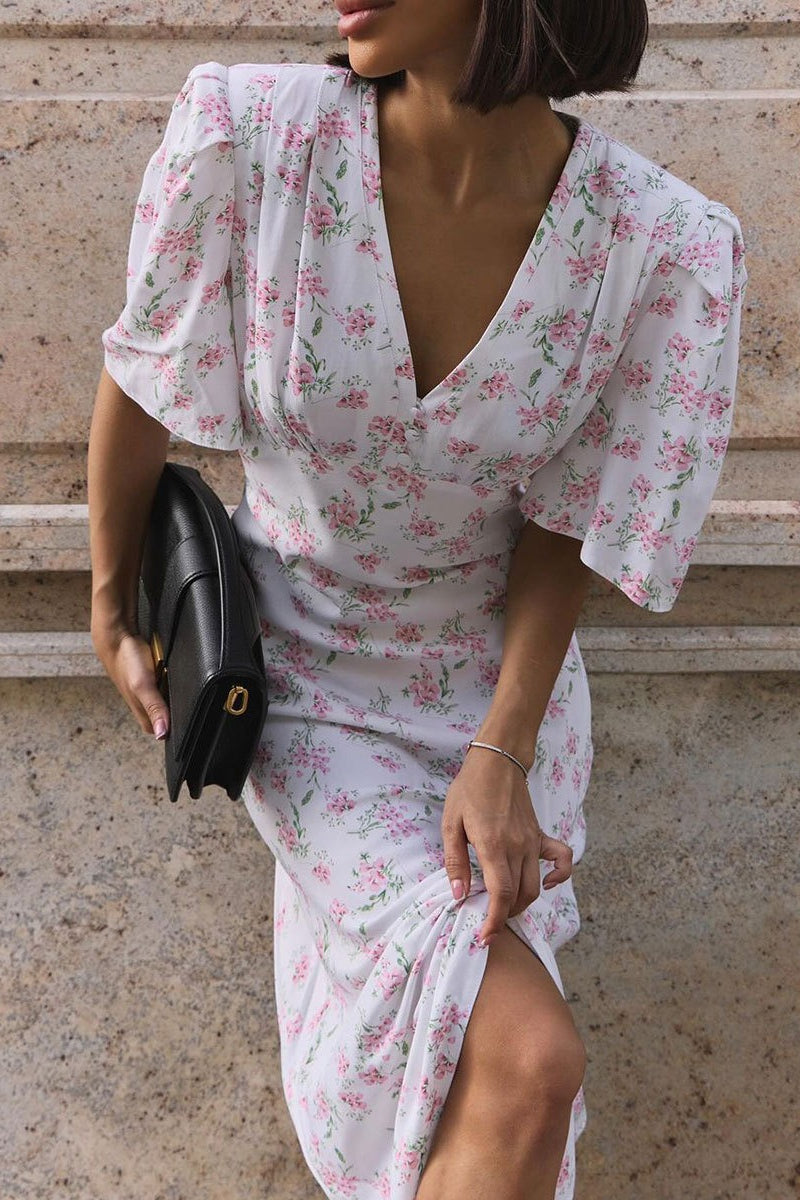 White Deep V Neck Puff Sleeve Empire Waist Button Detail Ditsy Floral Midi Dress 2