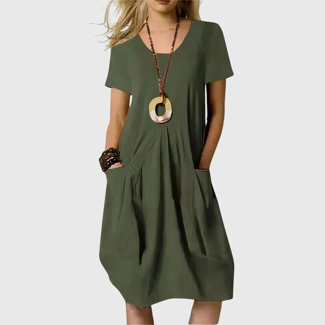 Round Neck Short Sleeve Pocket Cocoon Shift Midi Dress 3