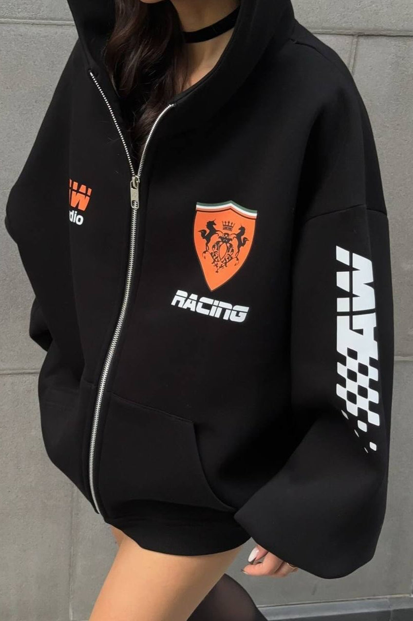 Oversized Zip-Up Logo Letter Print Hoodie