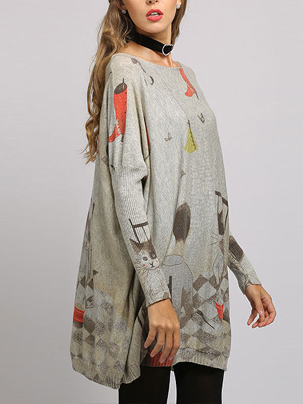 Boat Neck Cat Print Long Sleeve Knit Sweater Tunic