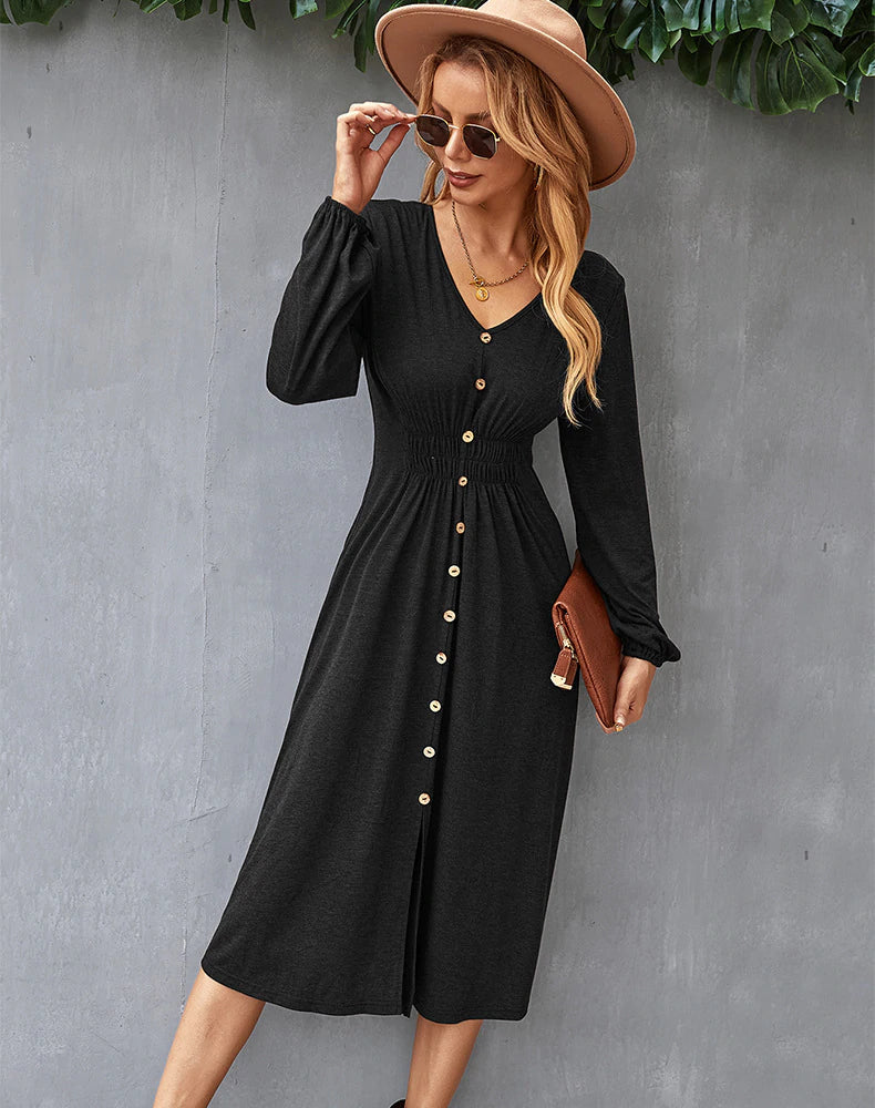 V-Neck Long Sleeve A-Line Dress M / Black