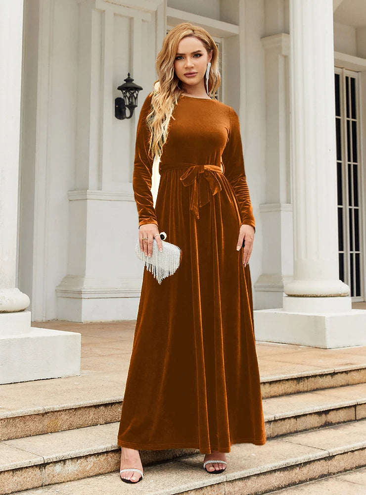 Velvet Long Sleeve Dress - Solid Color M / Green