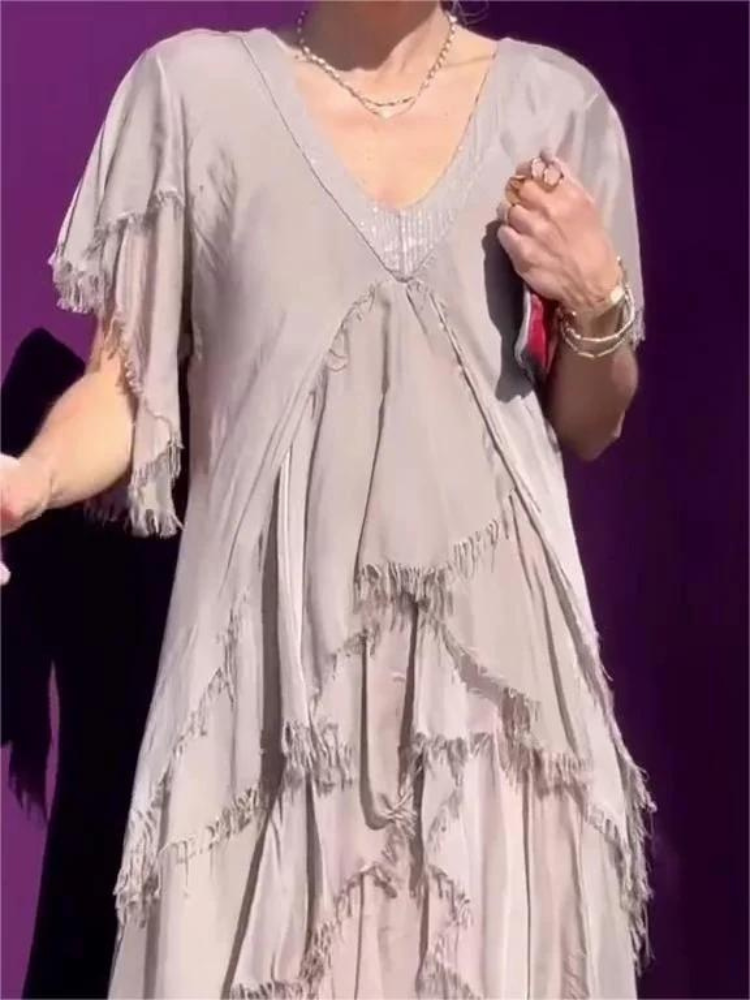 V-Neck Sequin Trim Flutter Sleeve Tiered Ruffle Chiffon Maxi Dress 11