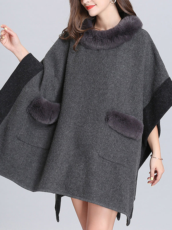Faux Fur Collar Contrast Trim Pocket Knit Cape