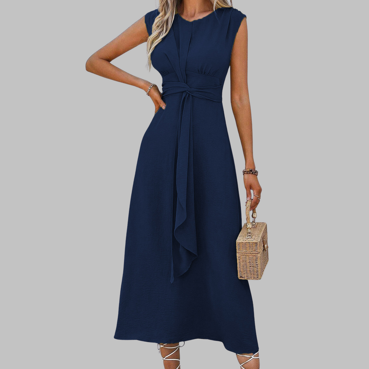 Round Neck Cap Sleeve Twist Front Tie Waist A-Line Midi Dress