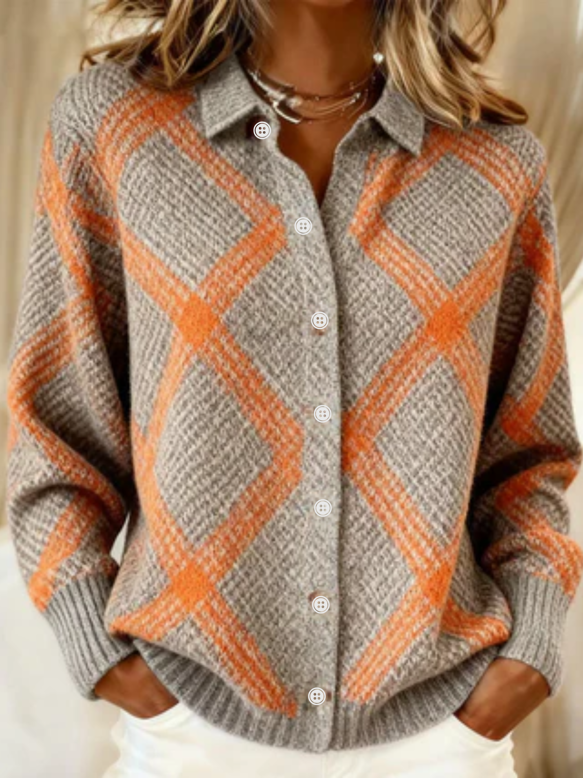 Multicolored Collared Button-Up Large Argyle Plaid Ribbed Knit Shirt