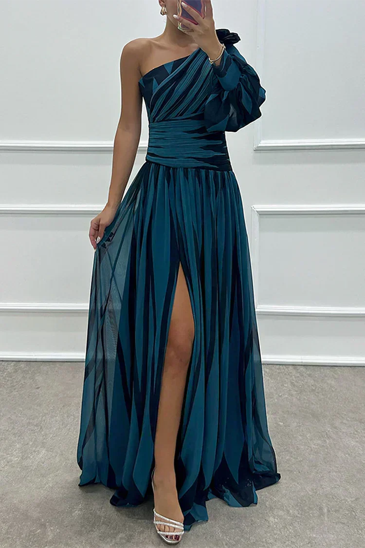 One Shoulder Striped One Sleeve Ruched High Slit Maxi Dress