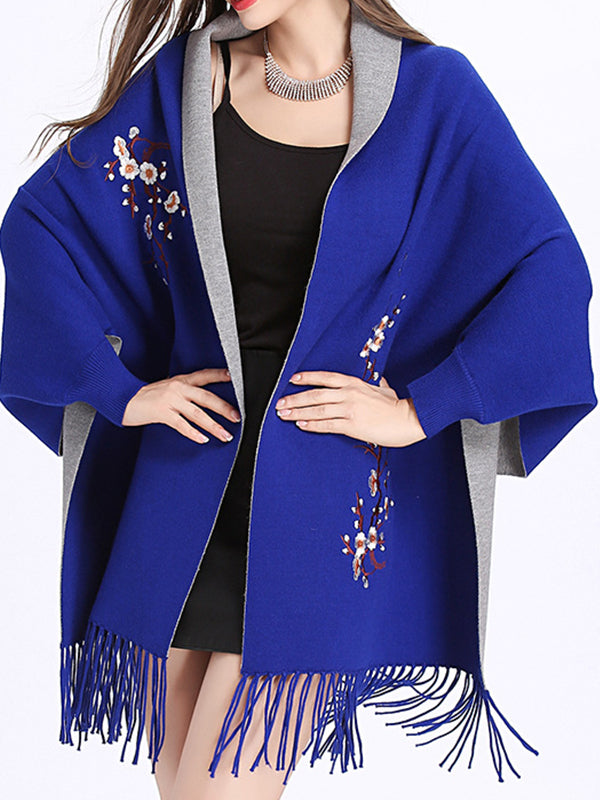 Floral Embroidered Contrast Border Fringe Shawl Cardigan