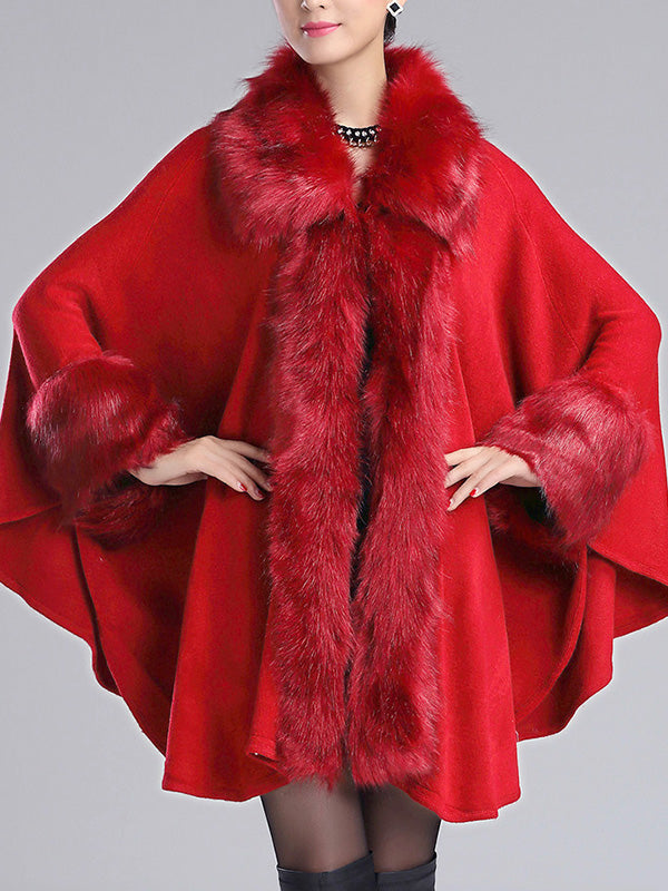 Faux Fur Trim Open Front Batwing Knit Cape Cardigan 6