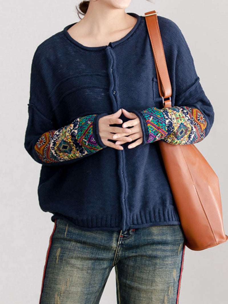 Round Neck Embroidered Sleeve Button Front Knit Cardigan