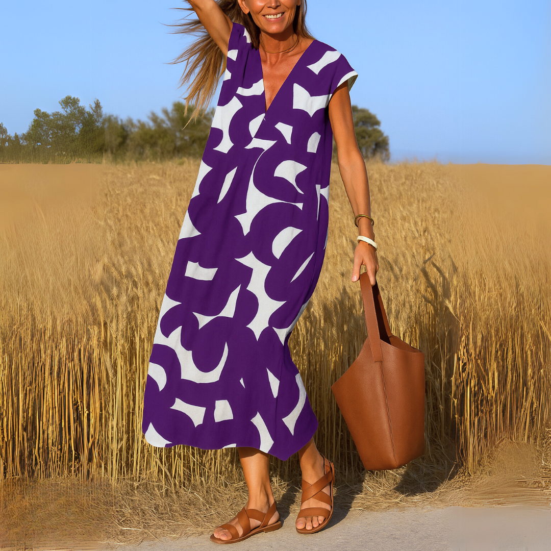 V-Neck Flutter Sleeve Geometric Print A-Line Maxi Dress