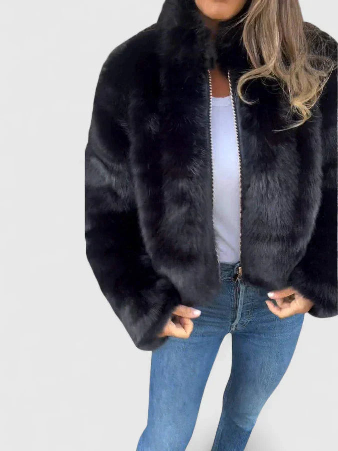 Stand Collar Faux Fur Zip Front Cropped Jacket