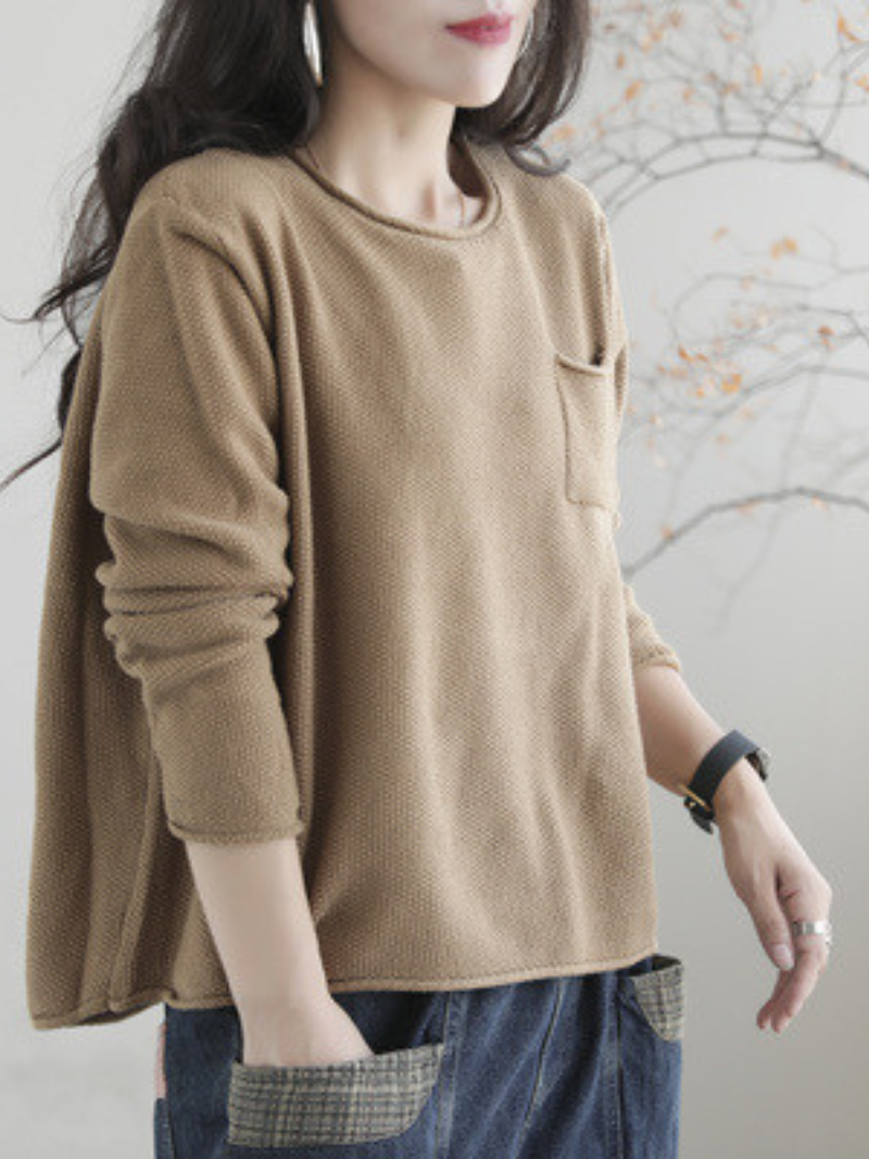 Round Neck Patch Pocket Long Sleeve Loose Knit Sweater