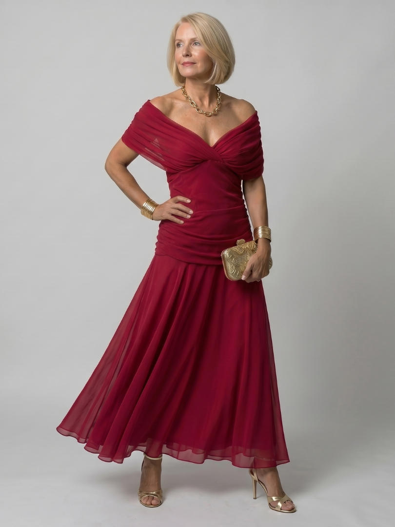 Off-Shoulder Draped Floral Chiffon Ruched Flowy Midi Dress