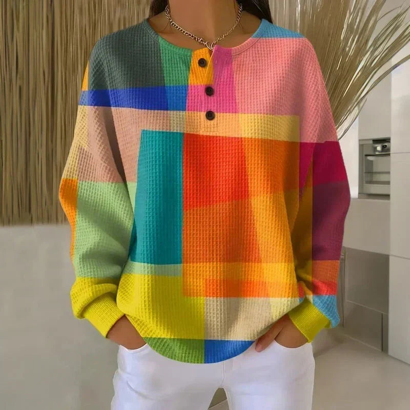 Henley Neck Geometric Colorblock Waffle Knit Sweater 2