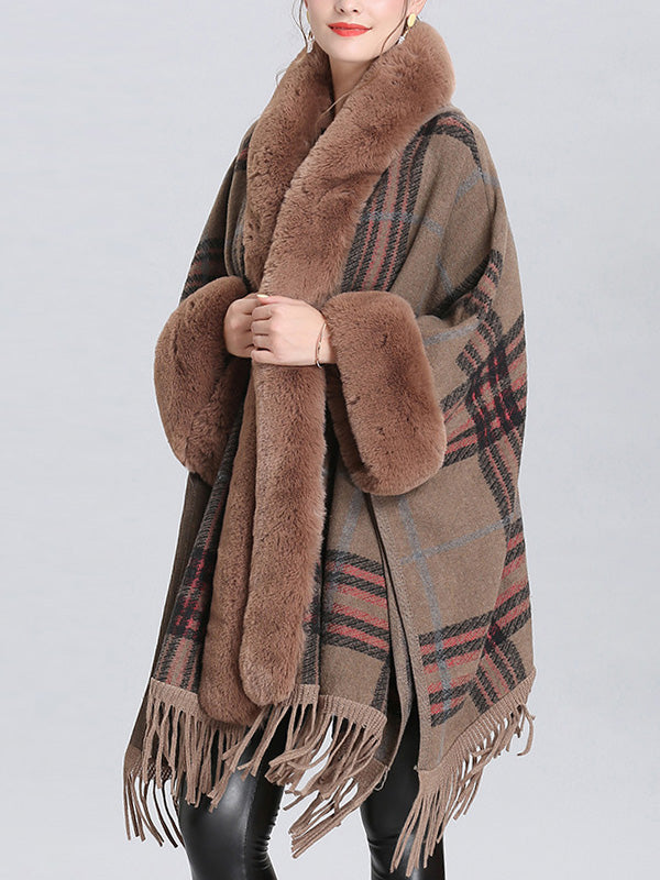 Faux Fur Trim Plaid Tassel Hem Cape Poncho Cardigan
