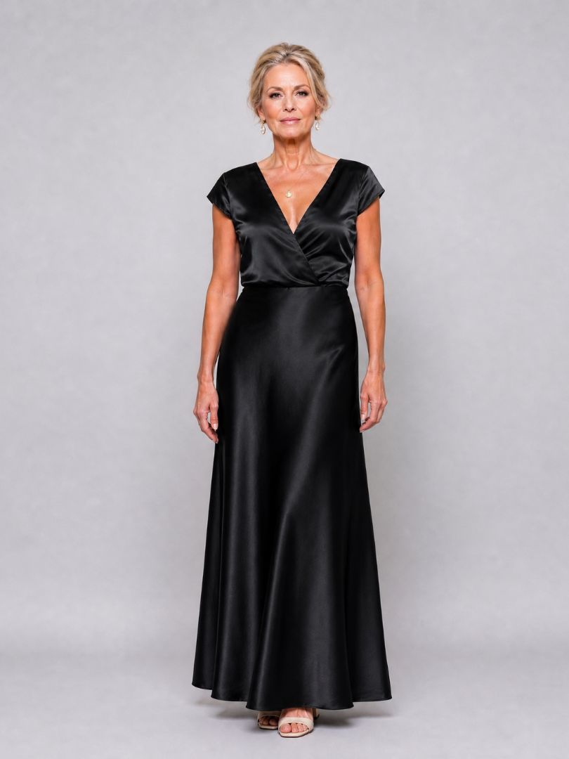 V-Neck Cap Sleeve Satin Wrap Bodice Bias Maxi Gown 12