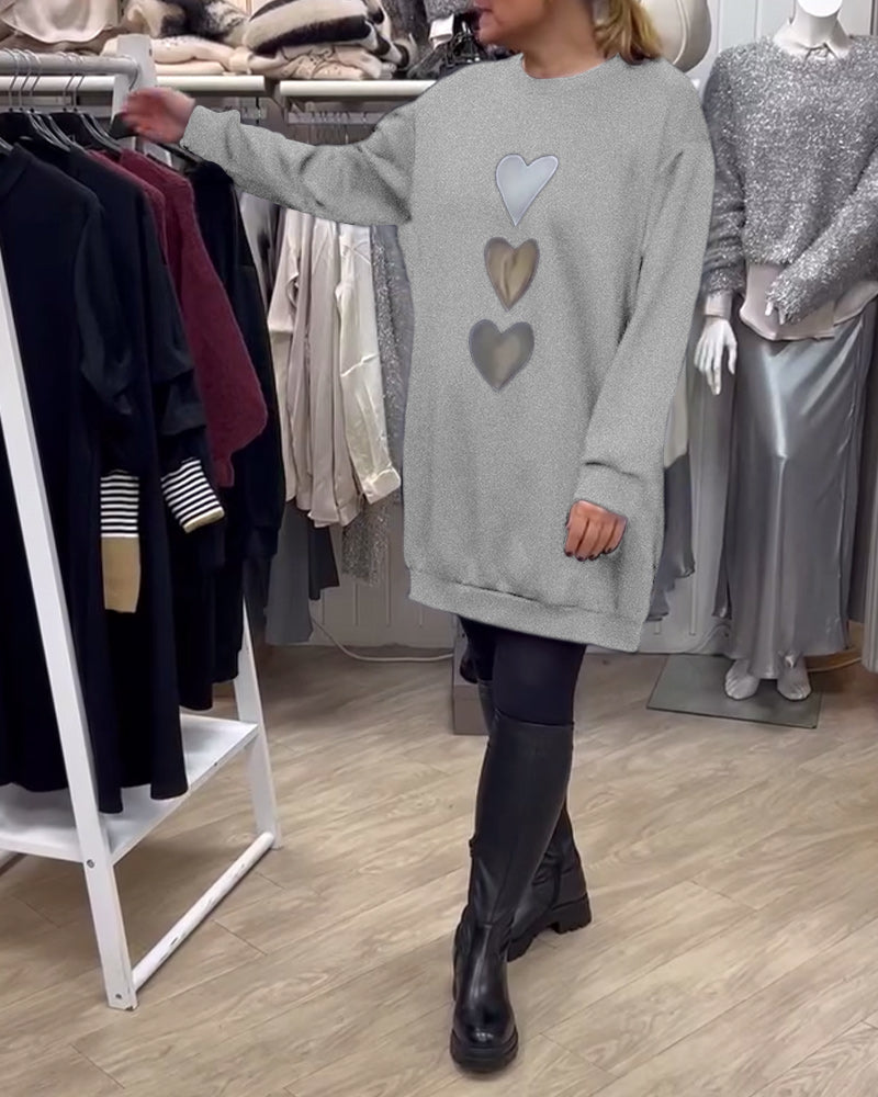 Black Round Neck Heart Print Long Sleeve Sweatshirt Mini Dress