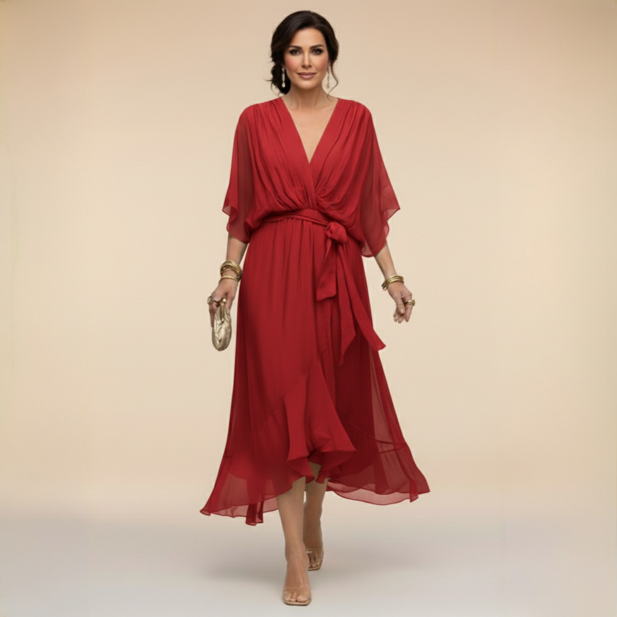 V-Neck Chiffon Batwing Sleeve Tie Waist Ruffle Hem Midi Dress 9