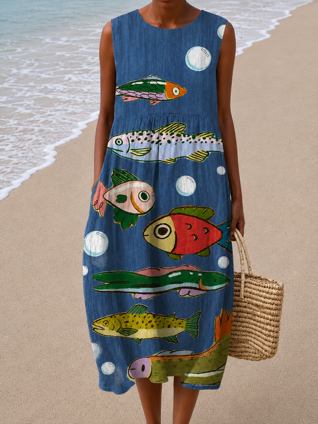 Round Neck Sleeveless Fish Print Empire Waist Shift Midi Dress