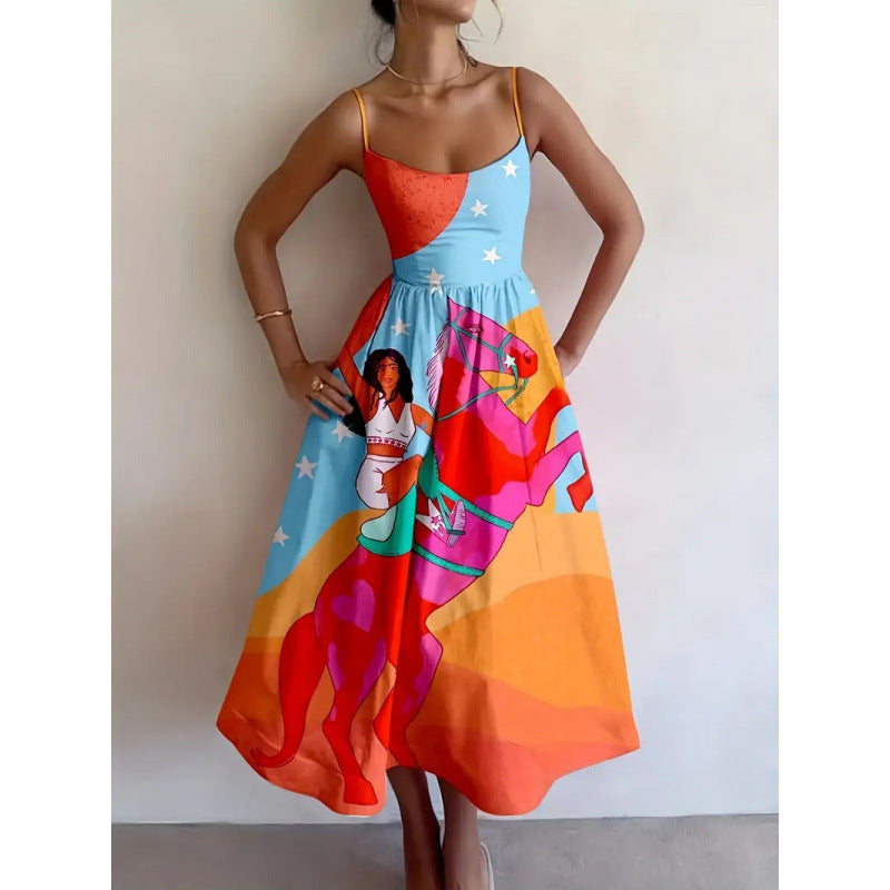 Spaghetti Strap Scoop Neck Graphic Print Fit-and-Flare Midi Dress