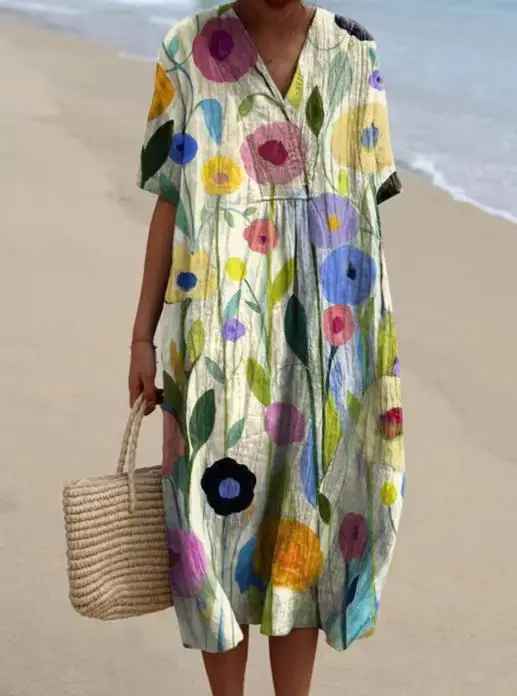 V-Neck Short Sleeve Vintage Rose Floral Linen Midi Dress