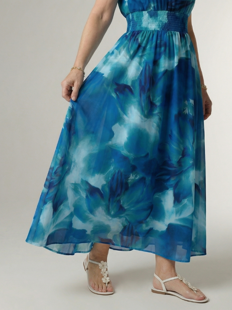 Halter High Neck Sleeveless Tie-Dye Print Shirred Waist Maxi Dress