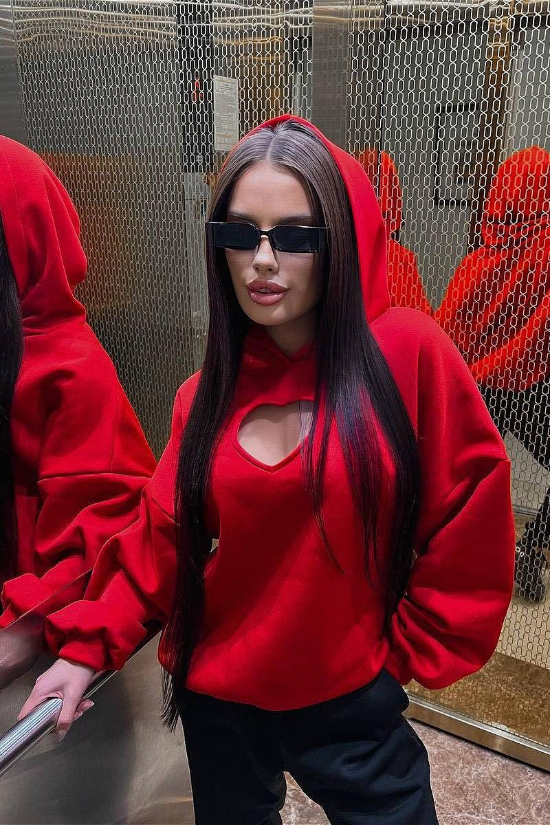 Solid Long Sleeve Heart Cutout Hoodie