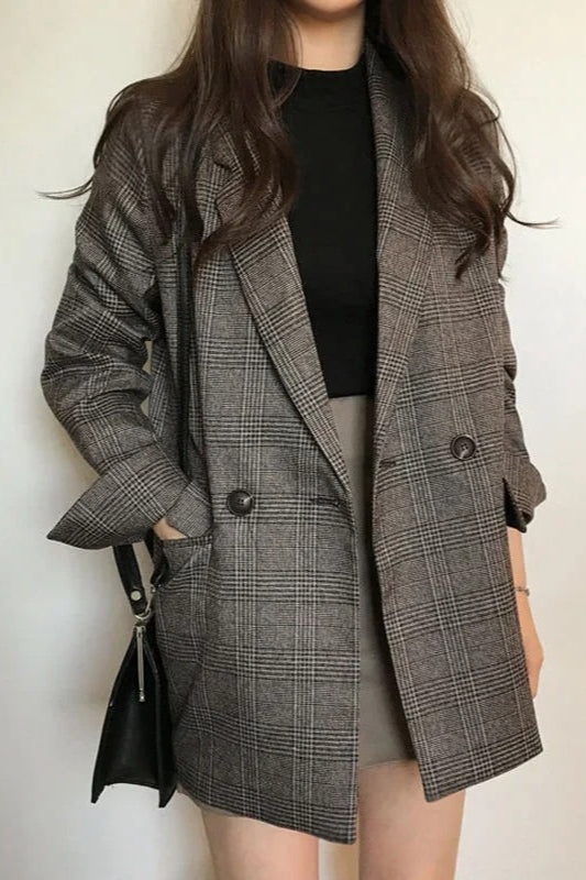 Plaid DoubleBreasted Long Blazer