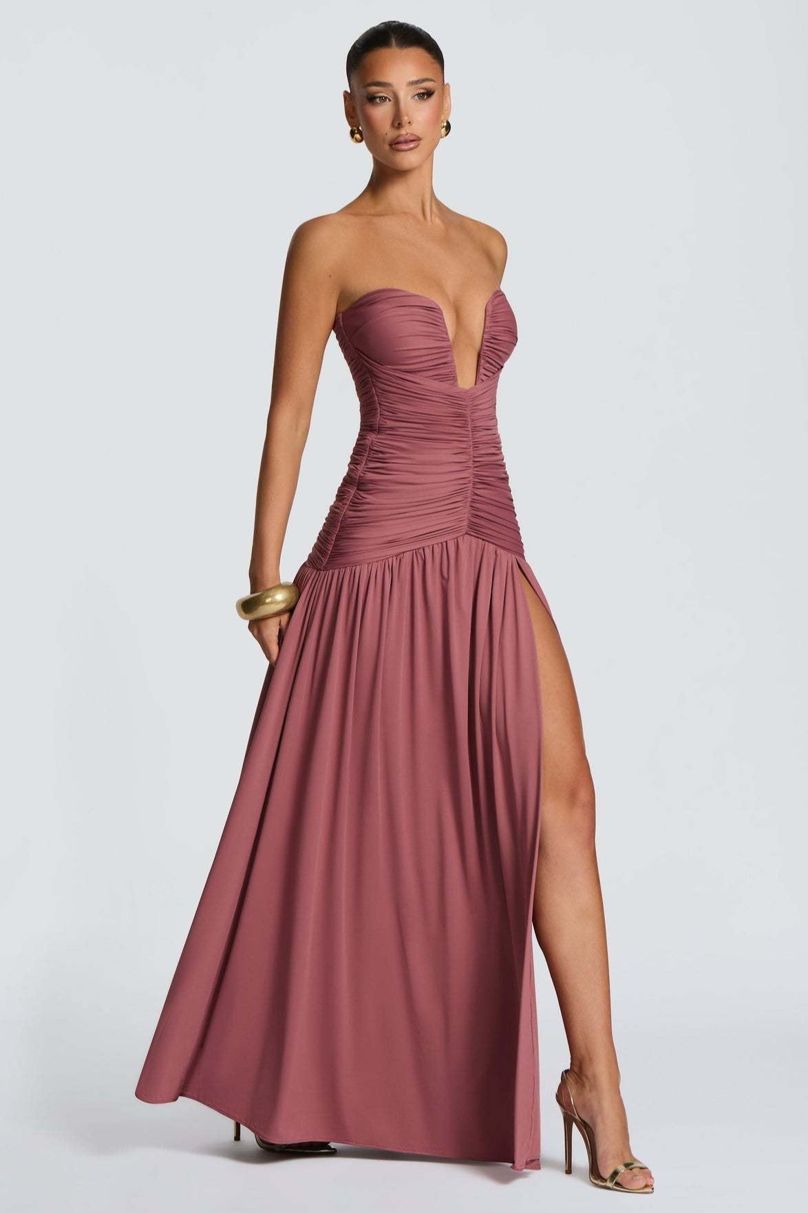 Solid Strapless High Slit Ruched Bodycon Party Dress