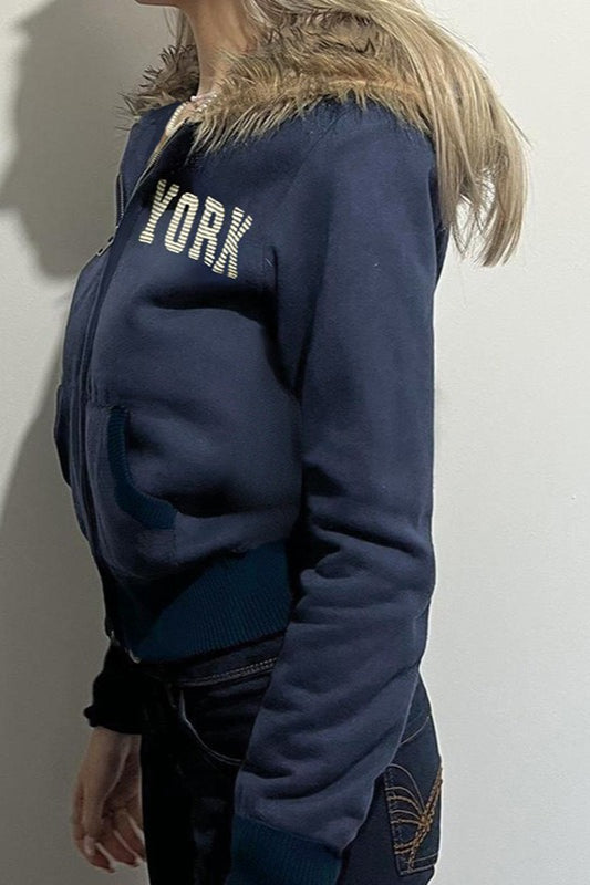 Fur Collar Letter Print ZipUp Hoodie
