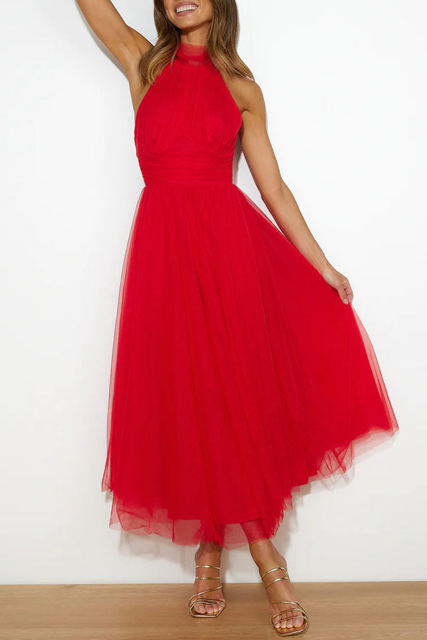 Halter Neck Sleeveless Tulle Fit-and-Flare Maxi Dress