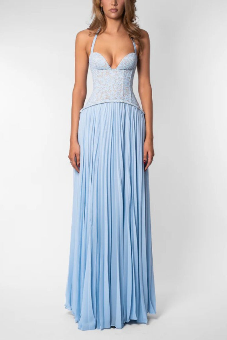 Halter Deep V Neck Lace Bodice Accordion Pleated Maxi Dress 9