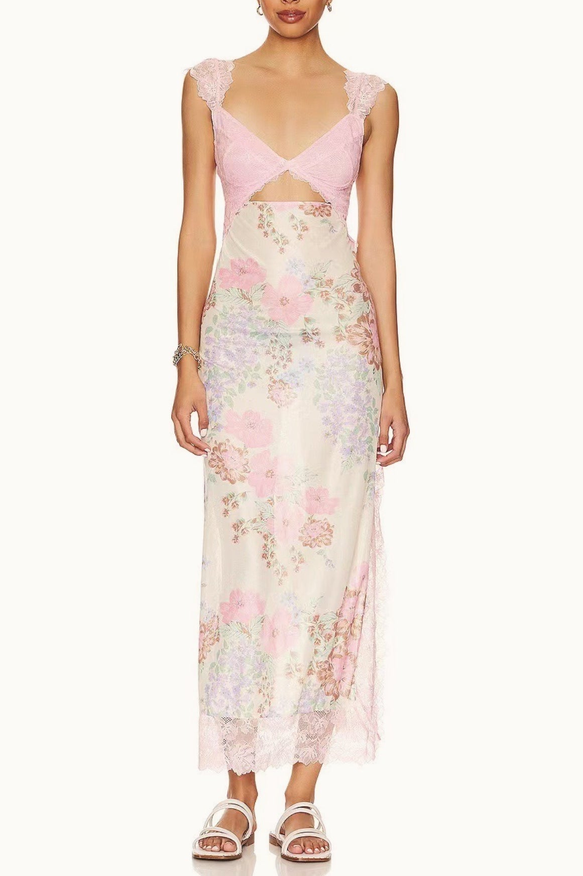 Sweetheart Lace Cap Sleeve Triangle Cutout Floral Print Bodycon Midi Dress 8
