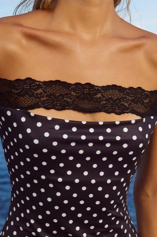 Black Off Shoulder Lace Trim Polka Dot Bodycon Mini Dress 3