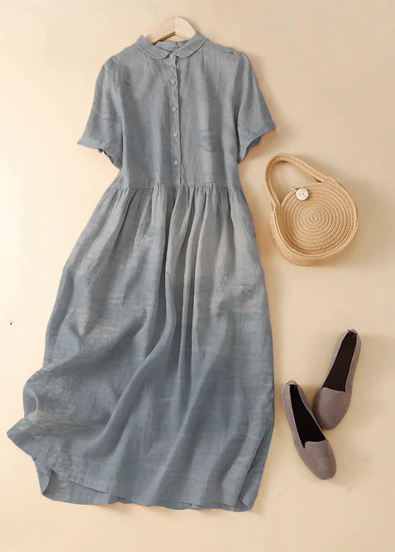Unique Apricot flowers Peter Pan Collar Wrinkled Linen Holiday Dress Short Sleeve - Omychic
