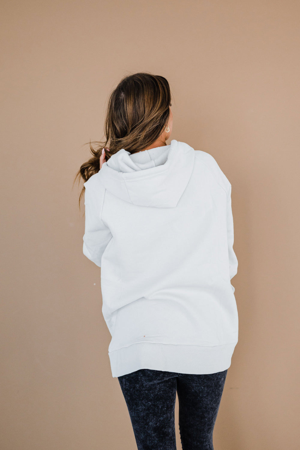 Bone Cowl Neck Drawstring Kangaroo Pocket Long Sleeve Sweatshirt Mini Dress