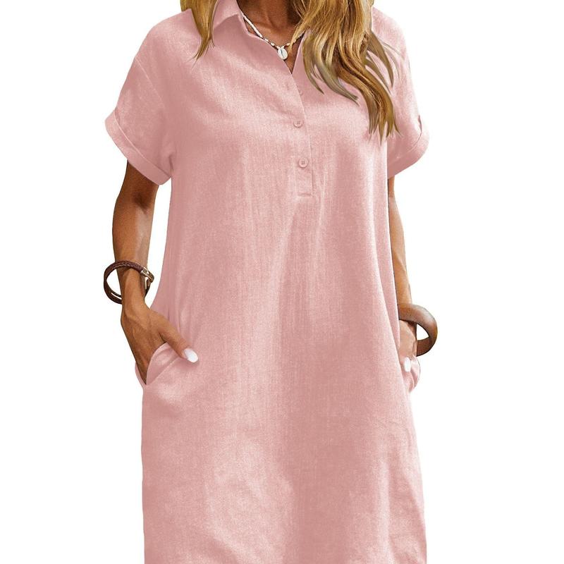 Collared Button Placket Short Sleeve Linen Pocket Shirt Midi Dress 2