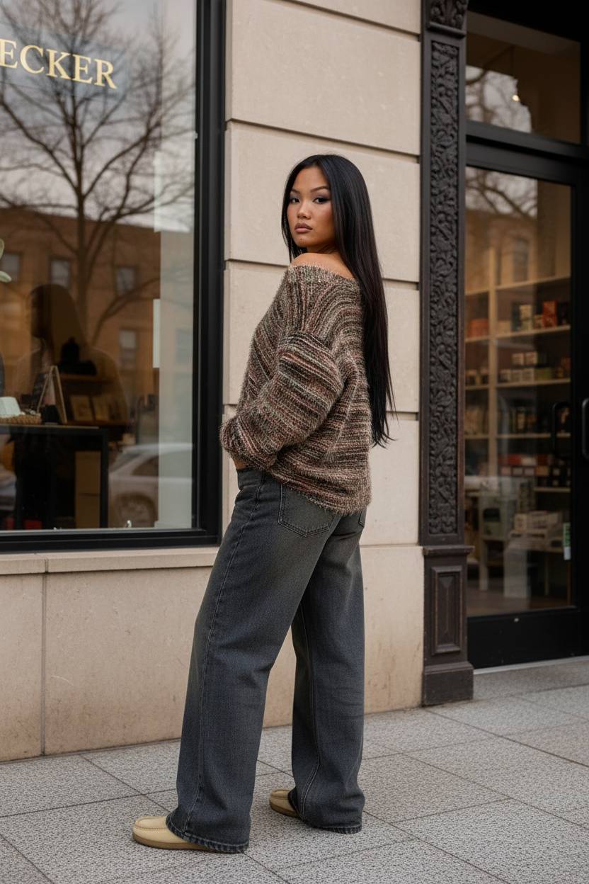 New Retro Fashion Deep VNeck Maillard Plush LongSleeve Knit Cardigan