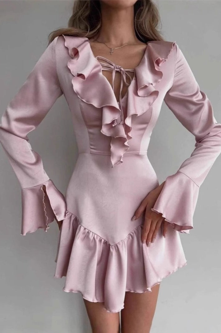 V Neck Ruffled Tie Midi Dress