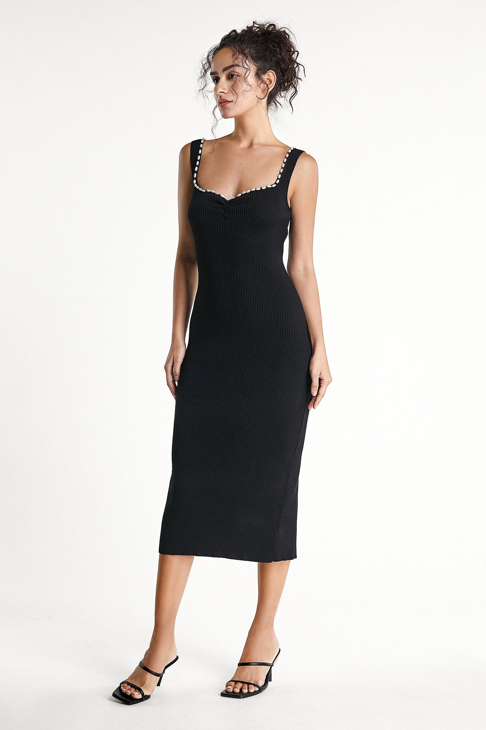 Black Faux-Pearl Trim Sweetheart Neck Knit Bodycon Midi Dress