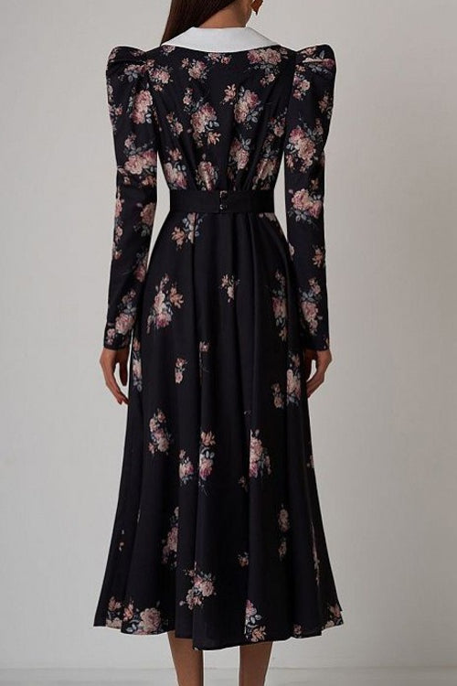 Contrast Collar Puff Sleeve Belted Ditsy Floral Print Midi Dress 3