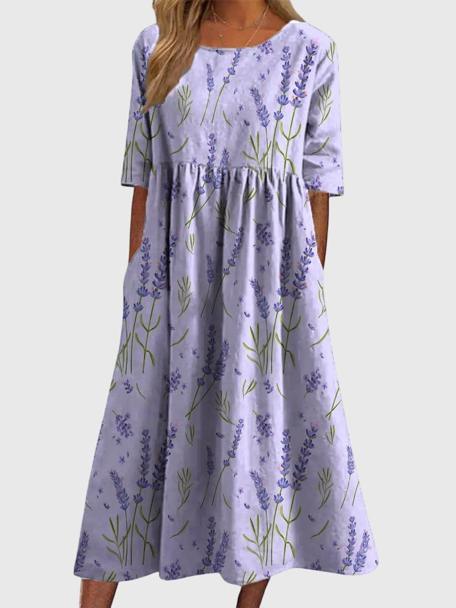 Round Neck Floral Print Short Sleeve Empire Waist A-Line Midi Dress