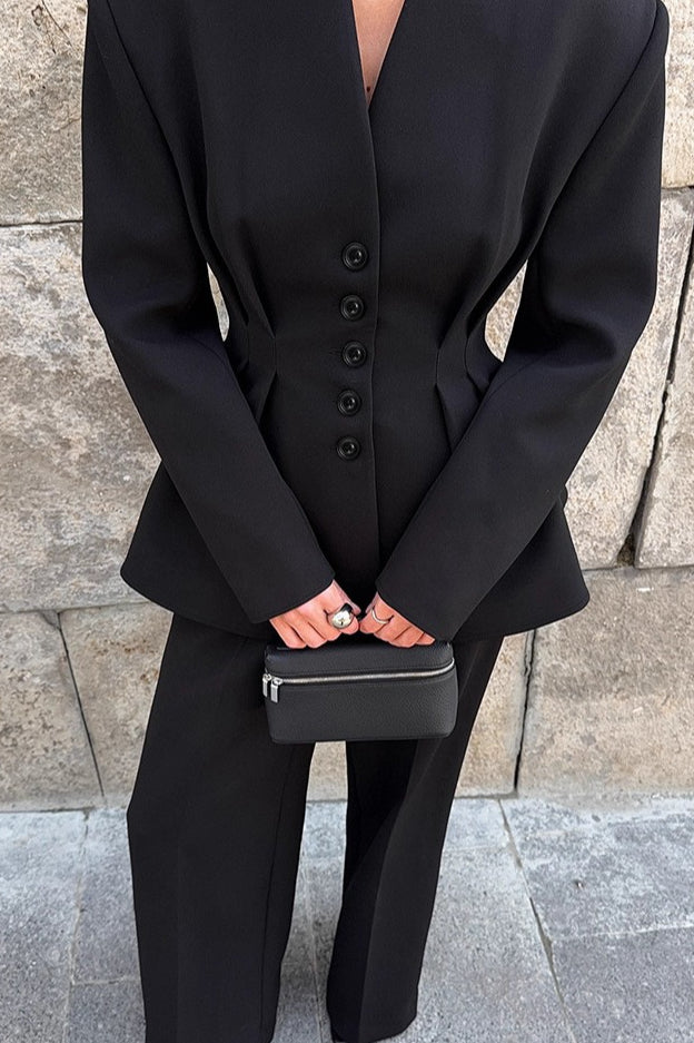 Black VNeck Ruched Waist Blazer